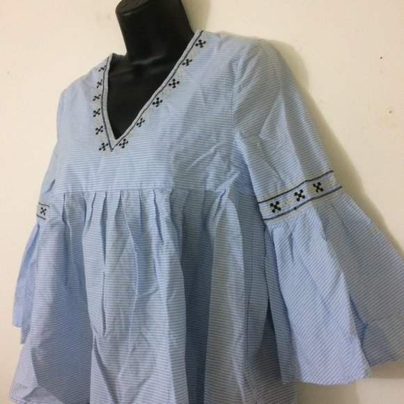 Anthro Moon River Pinstripe Embroidered Top M - Picture 6 of 13